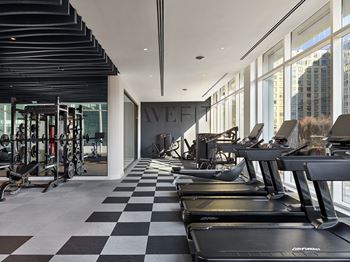 A gym with treadmills and weights.